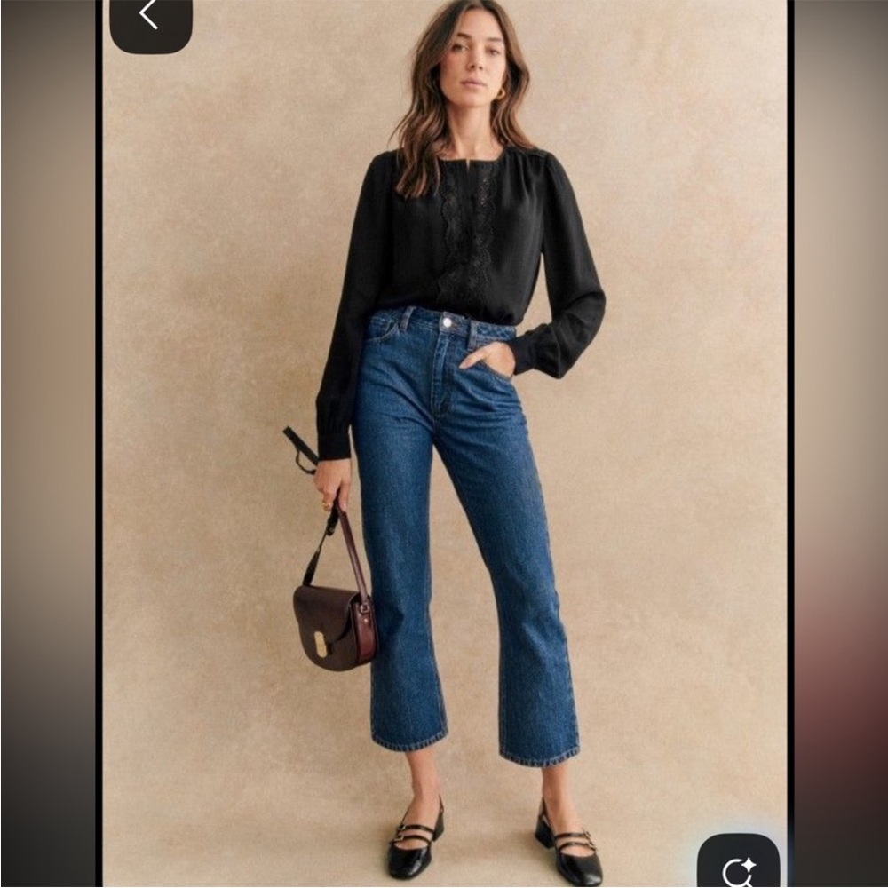 Sezane Black Blouse with Lace Trim
